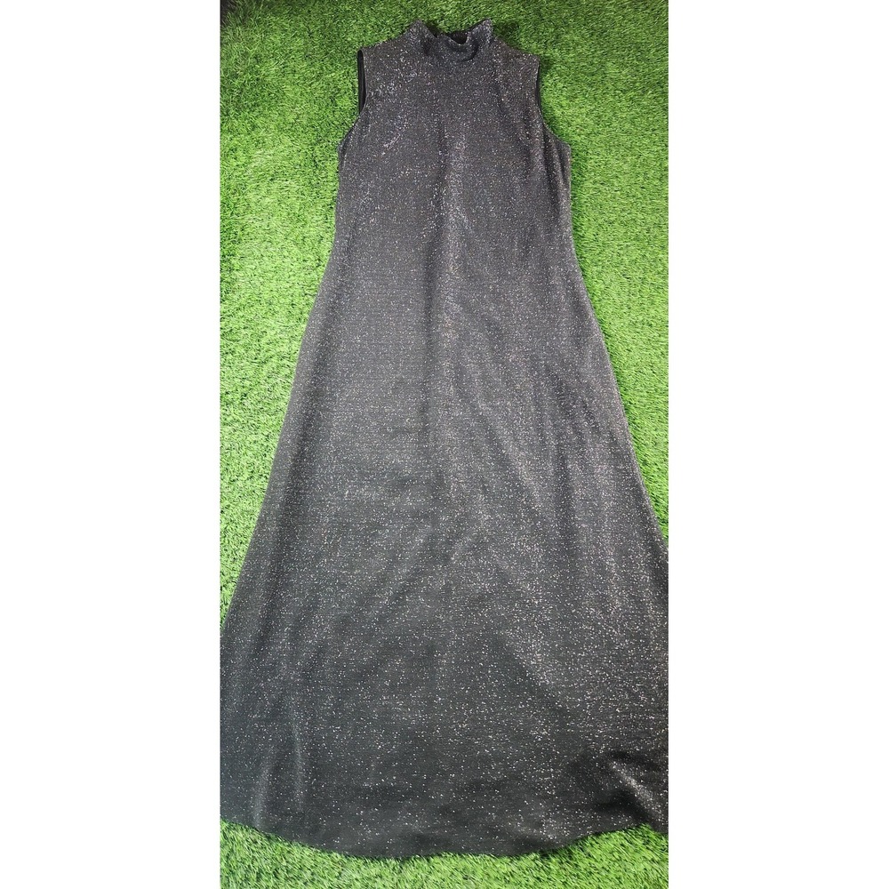Linda Allard Ellen Tracy Dress Womens 10 Black Glitter Mock Neck Maxi Sleeveless